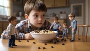 Boy at table with raisins being stolen